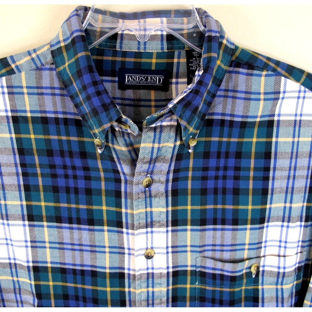 Lands' End Long Sleeve Button Down Flannel Shirt Men's Large Tall Green Plaid - Picture 2 of 6